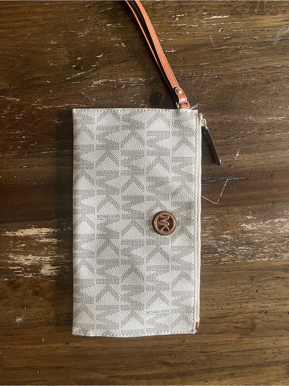 Michael Kors Beige Monogram Wristlet with Tan Strap and Gold Logo